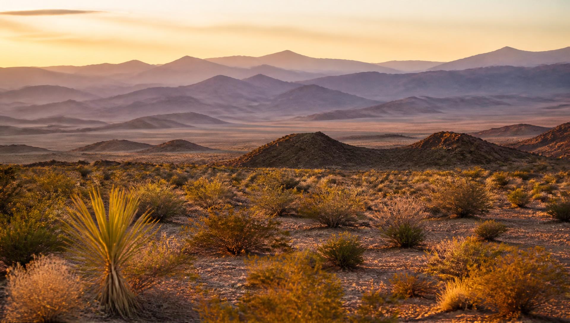 Wide Mohave Valley desert landscape at golden hour with layered mountain ridges